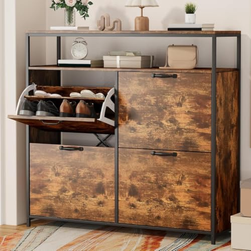 Blishom Schuhschrank mit 4 Klappen, Schmales Schuhregal mit 2 Ebenen, Schuhkipper Platzsparend, Schuhaufbewahrung Schrank mit Verstellbaren Trennwände für Flur, Eingangsbereich, 98 x 30 x 95 cm, Retro