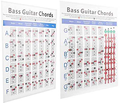 CHICIRIS Tableau des Accords de Guitare Basse, Tableau de Notes de Guitare en Papier Cuivre pour Basse électrique à 4 Cordes, Montre 12 Touches et 7 Types d'Accords, Affiche de Guide des Doigts