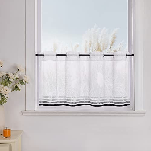 Yujiao Mao 1er Pack Voile Scheibengardine mit aufgenähten Satinbändern Ösen Küchen Vorhang HxB 60x145cm - Weiß/Schwarz