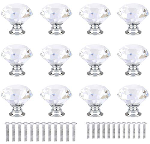 anjuu 12 PCS 30 mm Diamant Form Kristall Glas Möbelknopf mit Schrauben Schublade Knopf Pull Griff verwendet für Küche, Kommode, Tür, Schrank farblos