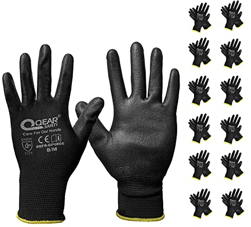 QEARSAFETY 12 Paar PU Palm Beschichtete Arbeitshandschuhe Sicherheitshandschuhe Strickfutter Multifunktional Leicht Dünn Sensibilität, Griff und Atmungsaktiv für allgemeine Arbeiten (9/L, Schwarz)