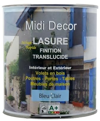 Lasure acrylique mat bleu à séchage rapide pour bois intérieur et extérieur 1 L - 12 m² (Midi Decor)