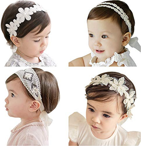 VEGCOO Lot de 4 Bébé Bandeaux, Bébé Filles Cheveux Bande de Cheveux, Enfants Comme Accessoire de Fête/Mariage/Photographie (Blanc)