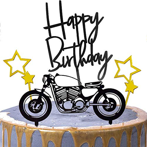 Ouceanwin 4 Pcs Tortendeko Schwarz Gold Cake Topper Motorrad Acryl Happy Birthday Kuchen Topper Glitter Stern Geburtstagstorte Dekoration, Kuchendeko Geburtstag Torte Topper Picks für Mann Junge