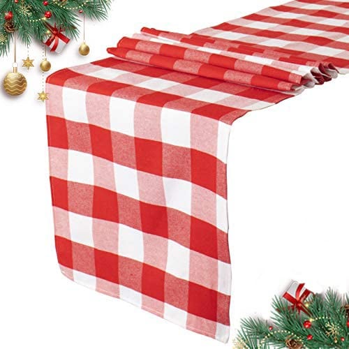 Tischläufer mit rotem und weißem Büffelkaro 35 x 180 cm, Weihnachts-Tischläufer, Leinen, Gingham-Karo, Baumwolle, Polyester, Tischläufer, Esszimmer (35,6 x 182,9 cm, rot und weiß)