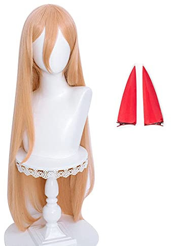 GZIRUE Power Wig with Horns Cosplay Orange Long Straight Hair Wigs Anime Costume Man Women with Wig Cap