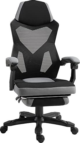 Vinsetto Chaise de Bureau Fauteuil Gaming Hauteur réglable Dossier roulettes pivotantes Repose-Pied Tissu en Maille 58L x 63l x 112-122H cm Gris Noir