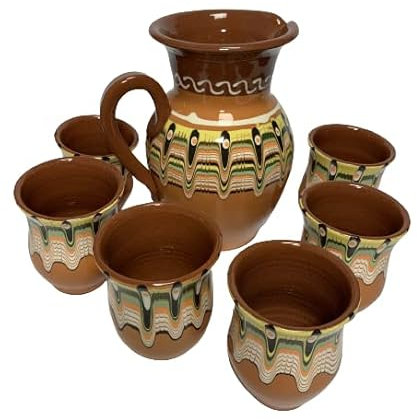 etara Wein&Feinkost Kollektion/Wein Glühwein Tee Wasser Set, Krug und 6 Becher aus Ton, bulgarische Tradition, Keramik, hochwertige Handarbeit (orange)
