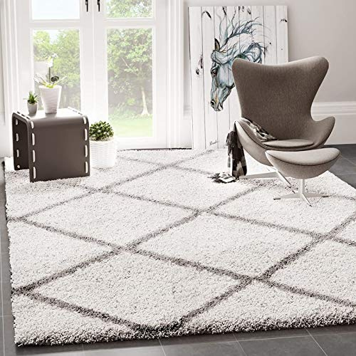 VIMODA Hochflor Teppich Wohnzimmer Schlafzimmer Küche Shaggy Skandinavisch Rautenmuster, Maße:60x100 cm