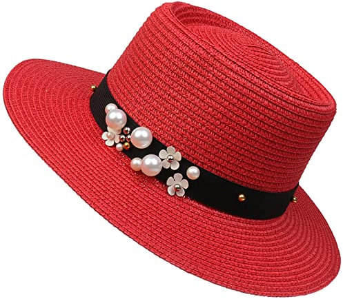 YiyiLai Panama Femme en Paille Chapeau de Soleil Ruban de Perles Plage Mariage Voyage Léger Rouge