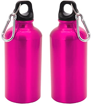 TIENDA EURASIA® Pack de 2 Botellas de Agua en Aluminio de 400 ml, con Tapón de Seguridad y Mosqueton Metalico de Transporte, Cantimplora para Camping, Gimnasio, Trabajo, Color Fucsia