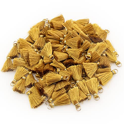 VAPKER Mini-Quasten, goldfarben, winzige, handgefertigte Bastelquasten mit goldfarbenem Sprungring für Ohrringe, Schmuck, Halsketten, Zubehör, DIY, 100 Stück