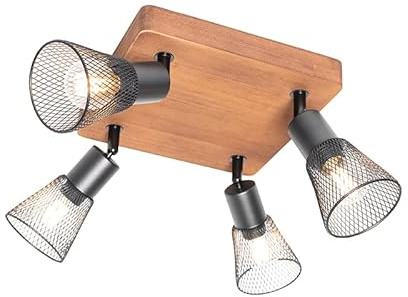 QAZQA - Industrie I Vintage I Industrie-Spot I Spotlight I Deckenspot I Deckenstrahler I Strahler I Lampe I Leuchte schwarz mit Holz 4-flammig Spotbalken-flammig - Kristina I Wohnzimmer I Schlafzimmer