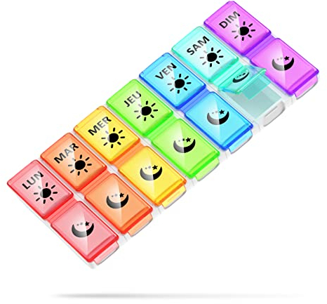 Pilulier Semainier Français Matin et Soir, Petit Pilluliers Medicaments 7 Jours 2 Compartiments Pilulier Hebdomadaire 2 Fois par Jour (Multicolore)