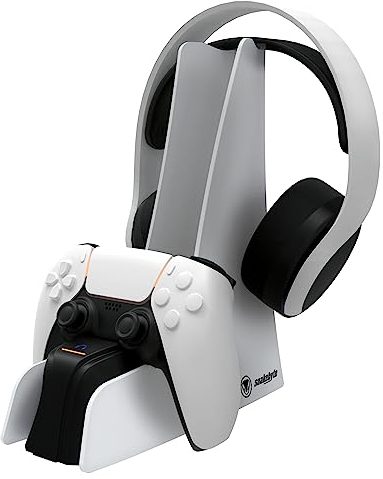 Snakebyte DUAL Charge & Headset Stand 5 - weiß- Ladestation für Playstation DualSense Controller und Wireless Headsets, Schnell-Ladung von PS5 Zubehör, LED Ladestatus-Anzeige, SB918230