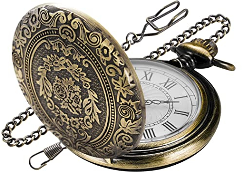 Tiong Bronze Große dekorative Blumenmuster Taschenuhr Weiß Römische Digitale Skala Quarz Taschenuhr Herren Kette Weihnachten Abschluss Geburtstag Vatertag, Mb-cfj004…