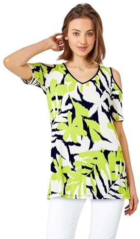 Roman Originals Leaf Print Cold Shoulder Top for Women UK - Ladies Everyday Holiday Spring Summer V Neckline Comfy Soft Evening Vacation Work Party - Lime - Size 10