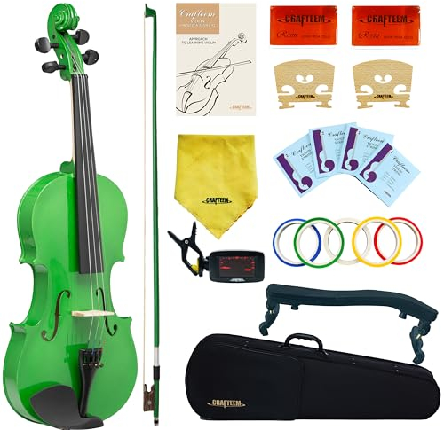 Crafteem 1/2 Geige grün gefärbt Premium Violine Outfit für Anfänger Erwachsene Kinder mit 5 Farben Griffband Handgefertigte Student Anfänger Violine., VLC100C