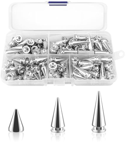 80pcs Spikes Studs 10mm Metal Cone Spikes Rivet, Punk Rock Screw Back Studs for DIY Bags Clothing Leather Craft Bracelet Necklace, with Screwdriver (Silver, 3 Size)