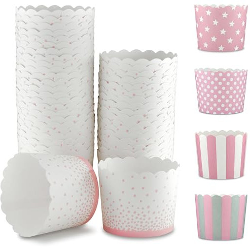Frau WunderVoll® 100 Muffin Backformen weiß, rosa Konfetti Punkte, Durchmesser 6,1 cm/Muffins Muffinbackform Muffinform Form Backförmchen Cupcake Formen Förmchen Papier Cupcakeformen