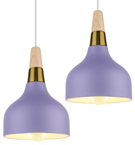 PETITES ECREVISSES Pendelleuchte Moderne Hängeleuchter Vintage E27 Industrielle Deckenleuchte Innen Hängelampe Metall und Holz Beleuchtung für Küche Esszimmer Schlafzimmer (Violett-2 Stück)