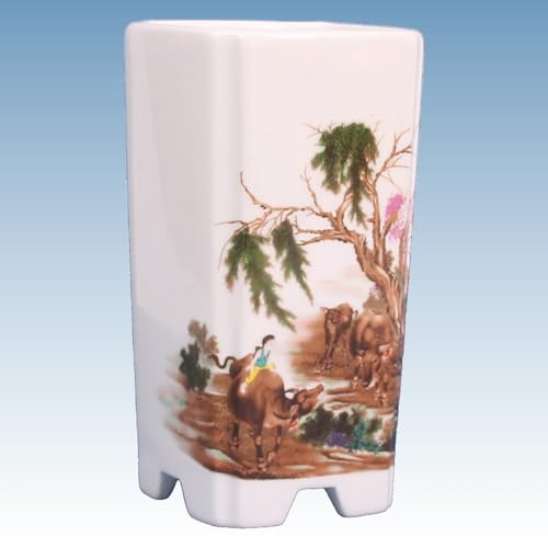 generisch Bonsai - Schale, Kaskadenschale, eckig 10 x 10 x 18 cm, Weiss mit Motiv 50858