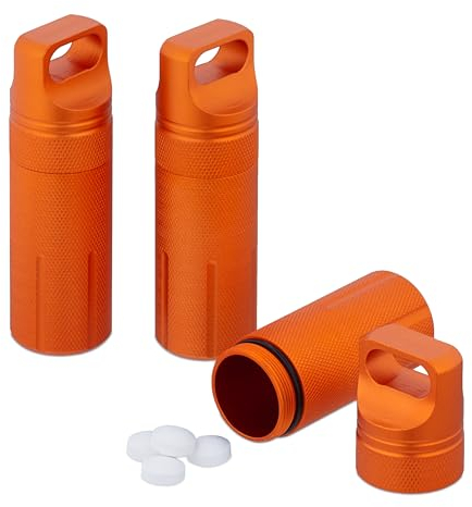 Relaxdays wasserdichte Kapsel, 3er Set, Pillendose Schlüsselanhänger, für unterwegs, Aluminium, HxD: 9,5 x 3 cm, orange