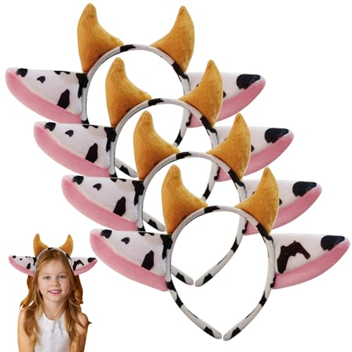 Kuhohren-Stirnband Für Erwachsene - 4 Stück Weicher Plüsch Cosplay-Kuh-Kopfbedeckung Mit Ohren Und Horn - Niedliche Haarreifen Kostüm-Zubehör Für Mädchen Party