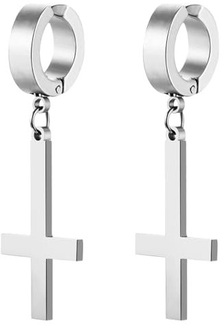 JewelryWe Umgekehrt Kreuz Ohrringe Creolen: Silber Edelstahl Umgedreht Upside Down Kreuz Petruskreuz Non-piercing Ohrclips Ohne Loch Fake Ohrstecker Klappcreolen Huggie Hoop für Herren Damen