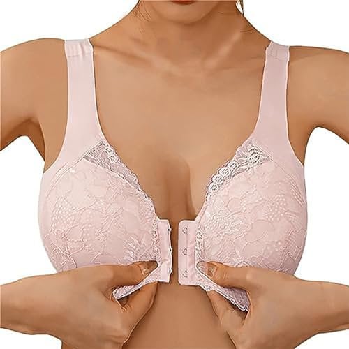 Generic Front Fastening Bras for The Elderly Floral Lace Full Coverage High Impact Sports Bras Large Breasts Wire Free Bra Underwear Yoga Fitness Exercise Oversized Women's Everyday Bras Pink