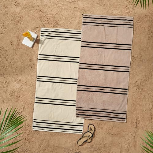 Catherine Lansfield Strandtuch, gestreift, Baumwolle, 75 x 150 cm, Creme-Natur, 1 Paar