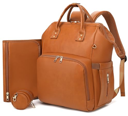 ROSEGIN PU-Leder Wickelrucksack Groß - Baby Wickeltasche Rucksack Wasserdicht & Multifunktional mit Wickelunterlage, Schnullertasche & Kinderwagenhaken - Diaper Bag Babytasche für Mama & Papa, Braun