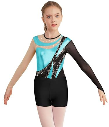 FEESHOW Kinder Gymnastikanzug Mädchen Turntrikot Glitzer Strass Metallic Patchwork Gymnastik Body Gymnastik Shorts Set Ballett Wettkampf Tanzoutfit Türkis&Schwarz 146-152
