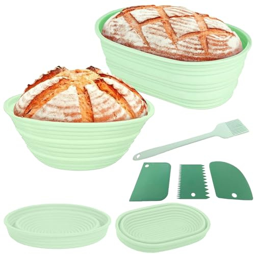 2Pcs Faltbarer Brotbacken Gärkorb Gärkörbchen, 22cm Runde & 26cm Oval Silikon Banneton Brotgärkörbe, Brot Sauerteig-Backkorb-Starter-Set, Leicht zu Reinigen Aufzubewahren (1 Bratpinsel, 3 Teigschaber)