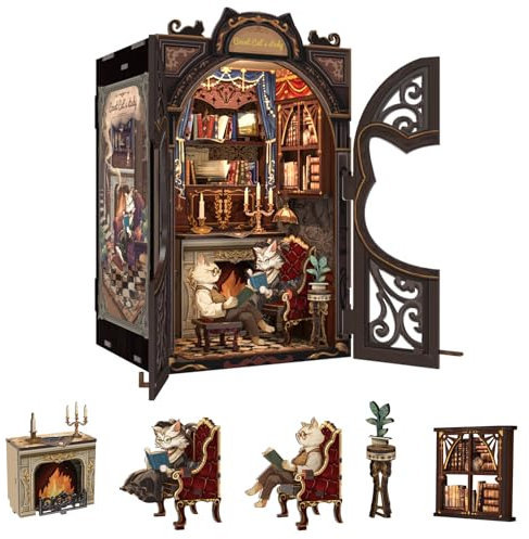 Fsolis Book Nook Kit, Miniatur Haus Kit mit LED Licht, Bücherecke Bücherregaleinsatz Kits,Modellbausätze für Erwachsene zum Bauen,Booknook Kreatives Geschenk(Count Cat's Study)
