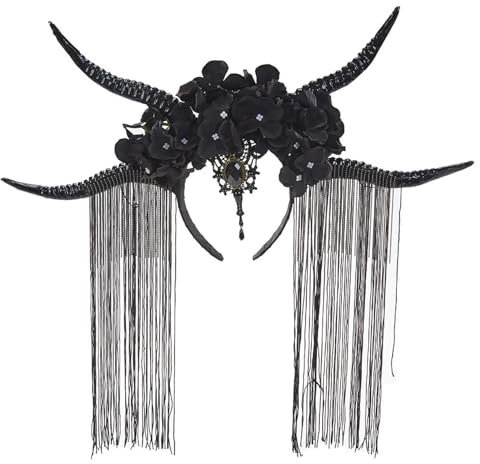 Dickly Halloween Antilopenhorn Stirnband Haarband Gothic Beauty Quaste Dekorative Blume Haarreif Kopfbedeckung für Kostüm Cosplay, Schwarz