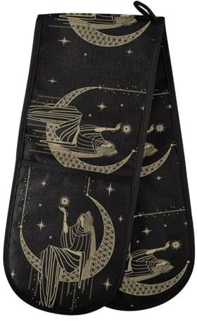 Double Oven Gloves Heat Resistant Alchemy Witch Moon Double Oven Mitts Pot Holder Heat Protection Oven Gloves for Home Kitchen Baking Cooking BBQ Microwave