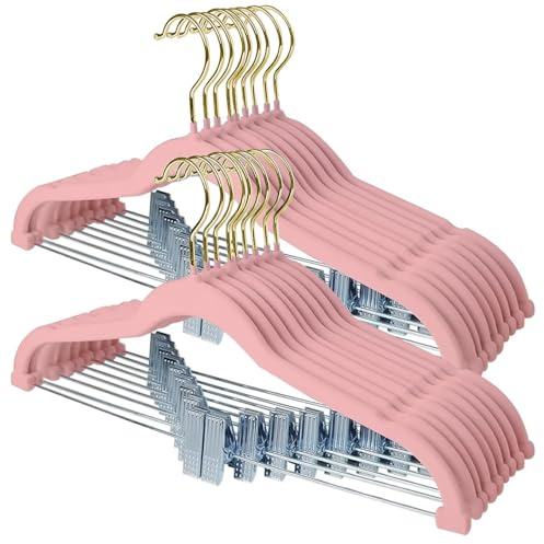 Stormix Hosenbügel 18er-Pack, 42cm Vevlt-Rockbügel mit Clips, Rutschfeste Kleiderbügel, Robuste Kleiderbügel für Shorts, Hosen, Röcke, Kleider, Jacken, Mäntel Rosa (Goldhaken)