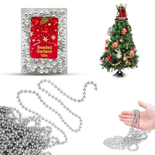 Silver Christmas Tree Beads Garland 10M – Metallic Bead Chain for Xmas Tree, Wedding, Home Decor, Party Decorations (33ft)