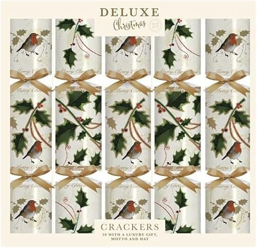 Deluxe Christmas Crackers with Unique Designs and Festive Surprises 10 x 14” | Harmless Holiday Party Essentials for Family Gatherings, Fun Presents, and Celebrations (ROBIN HOLLY CREAM)