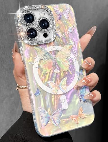 Toycamp for iPhone 16 Pro Max Case - Compatible with Magsafe Aesthetic Cute Colored Butterfly Holographic i 16 ProMax Case with Diamond Bling Lens Protector for Apple 16 Pro Max Cover for Women Girls