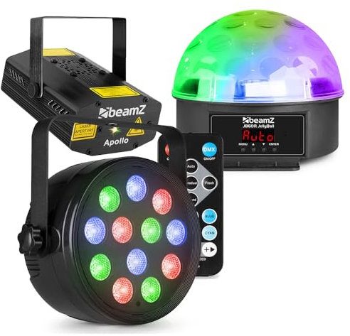 Beamz Party Light Package with LED Disco Jelly Ball, Laser, DMX-Compatible Par and Fog Machine – Plug-and-Play Beginner Lighting Set Ideal for Small Gatherings