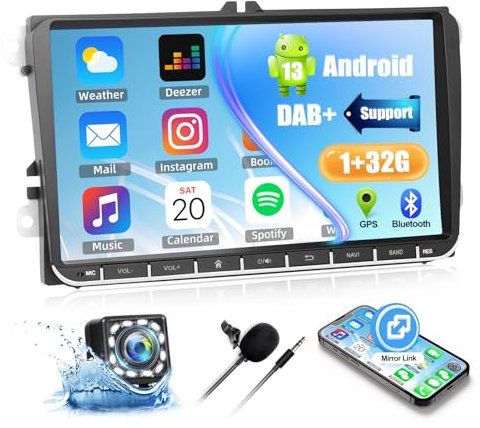 CAMECHO 7 Zoll Android 13 Navi Autoradio für VW Passat Golf Jetta EOS Polo Touran Seat Sharan, [1+32G] Bluetooth Radio mit Mirror Link GPS WiFi Unterstützung DAB+ mit Rückfahrkamera Canbus