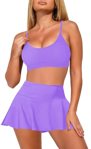 Pink Queen Damen 2-Teilig Bikini Set U-Ausschnitt Spaghetti Straps Hohe Taille Swim Rock Strand Badeanzug Violett S