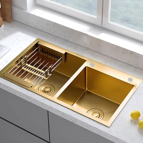 KOOGIMDDR Fregadero de cocina dorado, 80 x 45 cm, acero inoxidable 304 nano-revestido, con tapón dorado y colador de desagüe, empotrable o empotrable