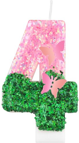 Pink Green Birthday Candles, Pink and Green Party Decorations,Butterfly Number 4 Candles for Cake, Girls 4th Birthday Decorations,Butterfly Candles Cake Toppers for Birthday Party,Wedding Supplies