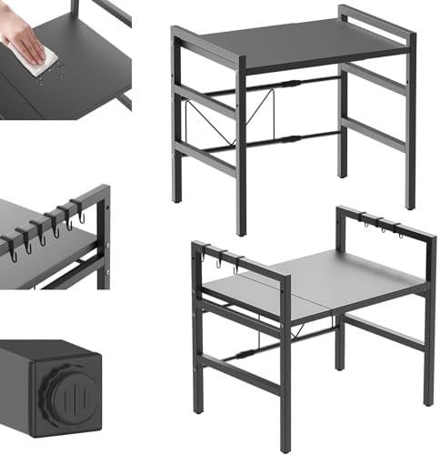 2-Tier Expandable Microwave Shelf Stand with 6 Hooks, Length/Height Adjustable Microwave Oven Rack, Free Standing Kitchen Countertop Shelf, Carbon Steel Baker Rack, Space-Saving Kitchen Organizer