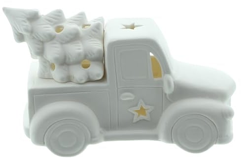 FRANK FLECHTWAREN LED-Auto Tannenbaum, Porzellan, mattweiß, warmweiße LED, batteriebetrieben, An-/Aus-Schalter Maße: 19 x 9 x 11 cm, ohne Batterien, nur für den Innenbereich geeignet