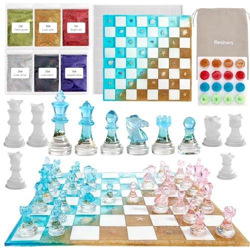 Resiners Stampi Resina Scacchi, Pedine e Scacchiera Silicone 3D | Kit Stampi Scacchi DIY 25 Pezzi con Stampi Silicone 3D Resistenti, Polveri Mica e Borsa Portaoggetti
