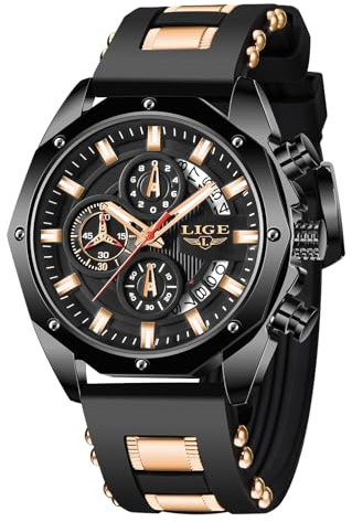 LIGE Herren Uhren | Armbanduhr Herren wasserdichte Retro Uhr Leuchtendes Chronograph Blaues Silikonarmband Quarz Analog Herrenuhren mit Datum Vintage Watches Geschenk für Männer,Schwarz